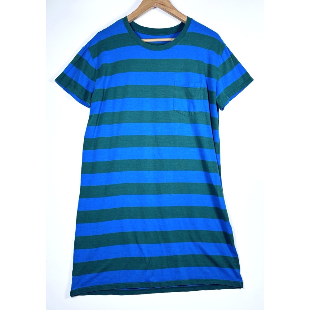 Everlane T Shirt Dress Large Blue Green Striped Pocket Crew Neck Coastal Preppy